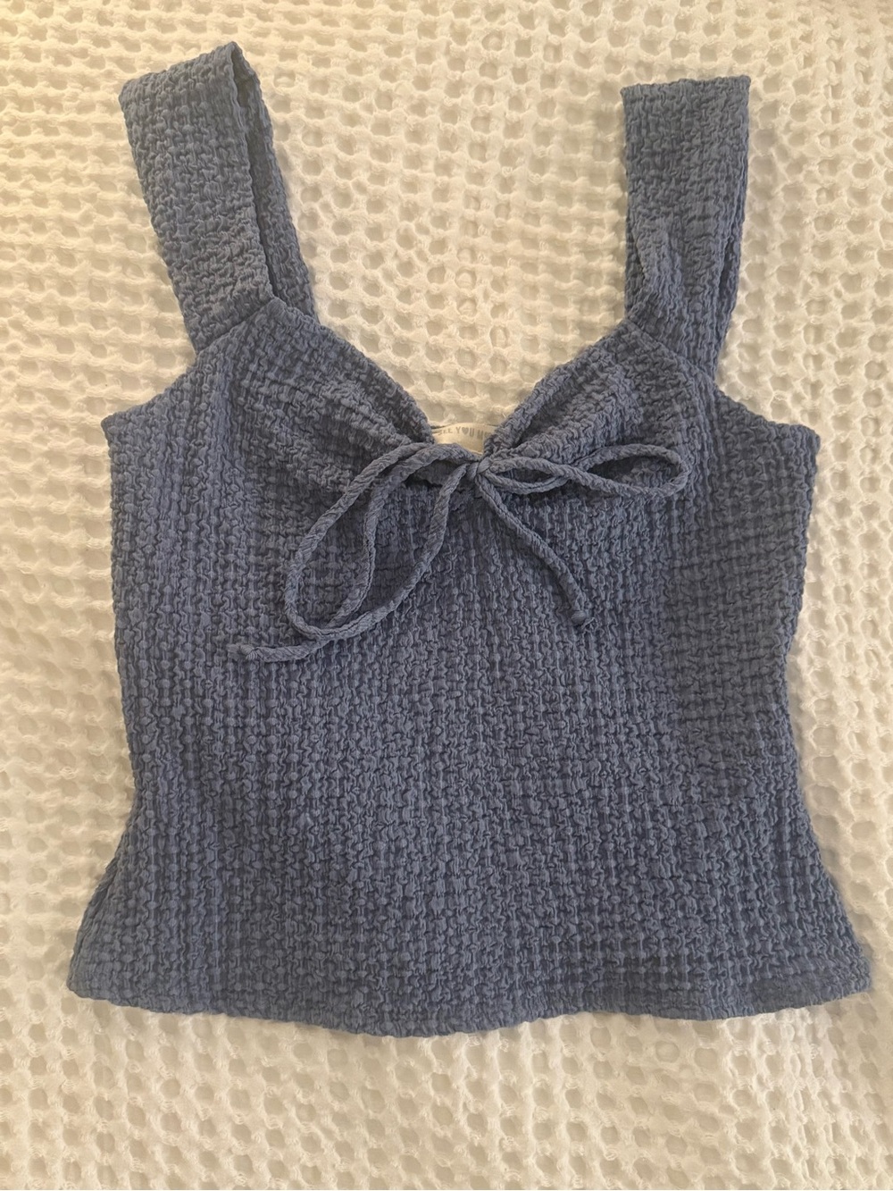 Women's Blue Textured Tie-Front Tank Top